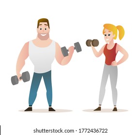 Workout Character in Cartoon Style. The couple at the gym are doing excercise with barbells