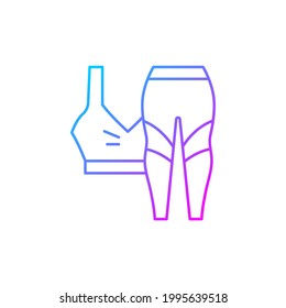 Workout clothes gradient linear vector icon. Female sportswear. Bra top and leggings. Pants, shirt for gym activity. Thin line color symbols. Modern style pictogram. Vector isolated outline drawing