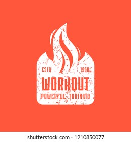 Workout club emblem for t-shirt. Graphic design with vintage texture. White print on red background