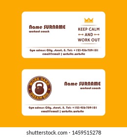 Workout coach fitness exercise business card, vector illustration. Instructor, Assistant, Personal Training for bodybuilding, sportsman and health workout visiting card.