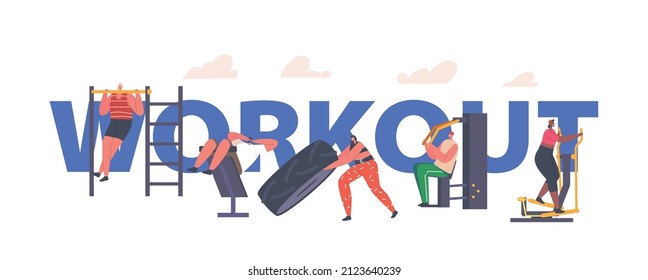 Workout Concept. Characters Fitness Training in House Yard. Male and Female Characters Exercising with Equipment Doing Workout with Weight Poster, Banner or Flyer. Cartoon People Vector Illustration