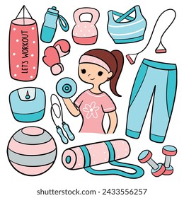 workout concept doodle, healthy lifestyle hand drawn cartoon illustration, exercise accessories