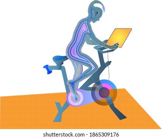 Workout concept; exercise; cardio activity; abstract illustration of individual working out on indoor cycling bike.