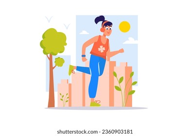 Workout concept with people scene in the flat cartoon design. The girl does sports on the street to keep her body in good shape. Vector illustration.