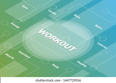 workout concept words isometric 3d word text concept with some related text and dot connected - vector