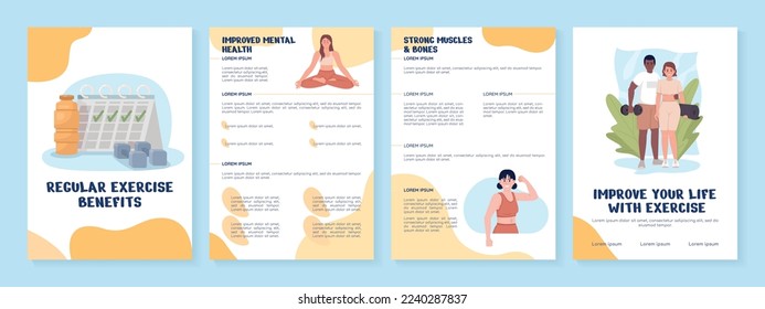 Workout consistency pros flat vector brochure template. Booklet, leaflet printable flat color designs. Editable magazine page, reports kit with text space. Nerko One, Quicksand, Comfortaa fonts used