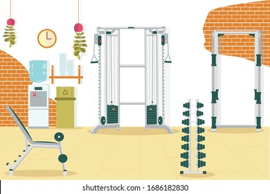 Workout Design Interior for Gym Room in Sport Club. Pullup Bar, Rack with Dumbbells, Leg Press Equipment. Clock, Water Cooler, Flowers for Decoration. Vector Flat Illustration