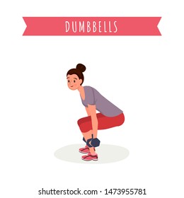 Workout with dumbbells flat vector illustration. Smiling lady in sportswear, fitness coach doing sit ups cartoon character. Arms and back muscles training, healthy lifestyle, weightlifting banner