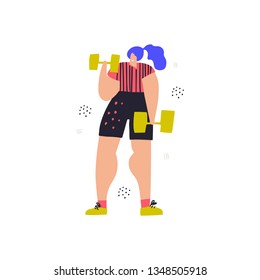 Workout with dumbbells hand drawn illustration. Gymnast woman in sportswear cartoon character. Fitness training exercise flat color drawing. Sportswoman holding barbells, lifting weight, working out