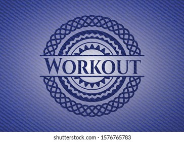 Workout emblem with denim high quality background. Vector Illustration. Detailed.