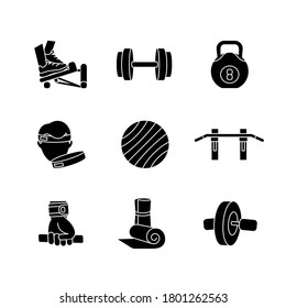 Workout equipment black glyph icons set on white space. Strength training at home, fitness exercise silhouette symbols. Sport gear for indoor gymnastics and pilates. Vector isolated illustration