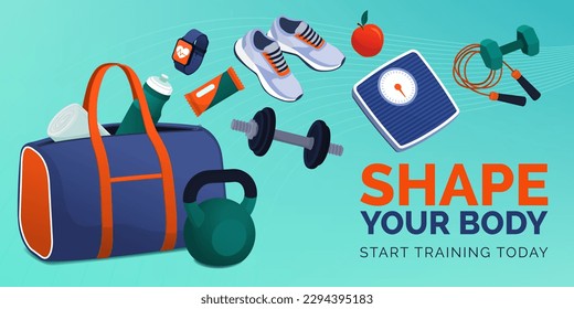 Workout equipment coming out from the gym bag: fitness and sport concept, banner with copy space