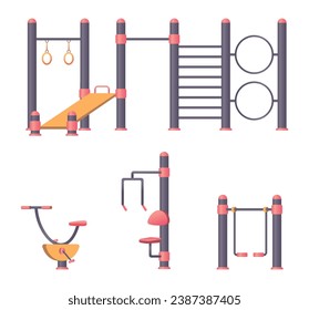 Workout equipment. Fitness in park outdoor gym machine exact vector tools for active lifestyle