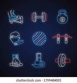 Workout Equipment Neon Light Icons Set. Strength Training, Fitness Exercise Signs With Outer Glowing Effect. Sport Gear For Indoor Gymnastics And Pilates. Vector Isolated RGB Color Illustrations