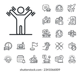 Workout equipment sign. Plane jet, travel map and baggage claim outline icons. Man with Dumbbells line icon. Gym fit symbol. Dumbbells workout line sign. Car rental, taxi transport icon. Vector