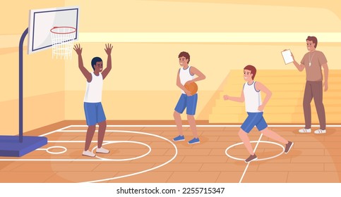 Workout and exercise class flat color vector illustration. Physical education. Athletic boys playing basketball in team. Fully editable 2D simple cartoon characters with gym on background