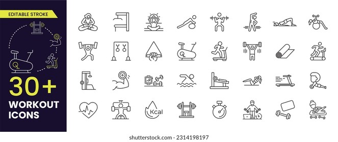 Workout exercise with equipment line icon contains such as Weight Lifting, Running, Swimming, walking, stretching and many more. Editable Stroke icons collections