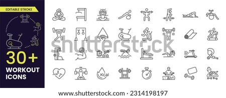 Workout exercise with equipment line icon contains such as Weight Lifting, Running, Swimming, walking, stretching and many more. Editable Stroke icons collections