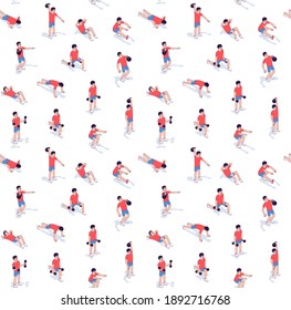 Workout exercise seamless pattern isometric. Athletic muscle training pattern. Vector illustration.