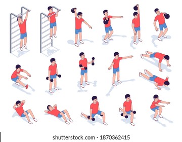 Workout exercise set for men - vector isometric illustration. Fitness home exercise. 3d outline style.