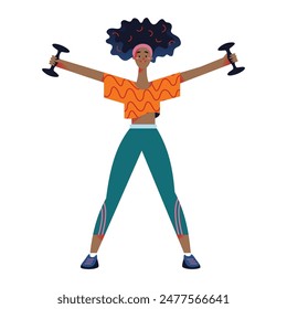 Workout exercise of woman in gym vector illustration. Sport training exercises of girl. Cartoon active strong female with dumbbells. Healthy lifestyle concept.