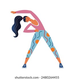 Workout exercise of woman in gym vector illustration. Sport training exercises of girl. Cartoon active strong female on yoga, pilates, stretching. Healthy lifestyle concept.