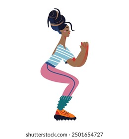 Workout exercise of woman in gym vector illustration. Sport training exercises of girl. Cartoon active strong female on yoga, pilates, stretching. Healthy lifestyle concept.