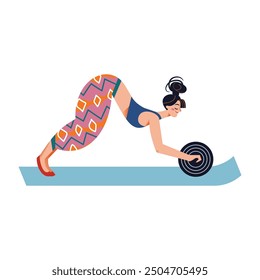 Workout exercise of woman in gym vector illustration. Sport training exercises of girl in home. Cartoon active strong female trains. Yoga, pilates, stretching. Healthy lifestyle concept.