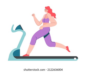 Workout and exercises for keeping kit and slim, stay healthy and attractive. Isolated female character running on treadmill. Training and jogging, cardio strengthen of body. Vector in flat style