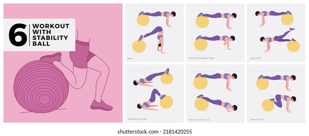 Workout exercises with STABILITY BALL. Women doing fitness and yoga exercises.