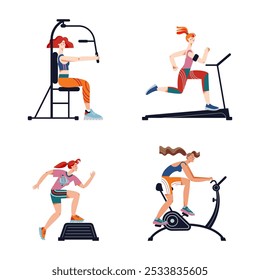Workout exercises of woman in gym set vector illustration. Sport training exercises of girls. Cartoon active strong females on cardio workout. Healthy lifestyle concept.