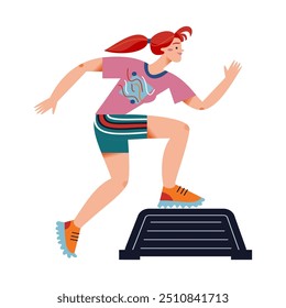 Workout exercises of woman in gym vector illustration. Sport training exercises of girl. Cartoon active strong female on workout on step platform. Healthy lifestyle concept.