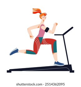 Workout exercises of woman in gym vector illustration. Sport training exercises of girl. Cartoon active strong female on cardio workout on treadmill. Healthy lifestyle concept.