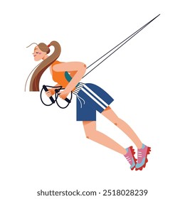 Workout exercises of woman in gym vector illustration. Sport training exercises of girl. Cartoon active strong female in fitness club. Healthy lifestyle concept.