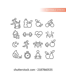 Workout and exercising vector icon set. Fitness, weight loss and healthy eating and lifestyle outlined icons.