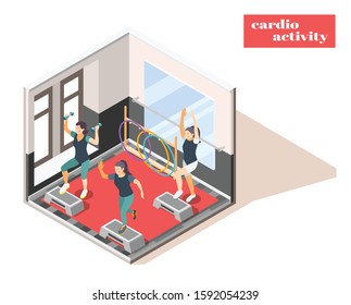 Workout fitness center facility interior isometric composition with cardio activity and hand weights indoor exercising vector illustration 