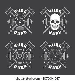 Workout and Fitness emblem with weights, bars, gymnastics rings, sledge hammers and dumbbells. The inscription: WORK HARD.Vector monochrome illustration.