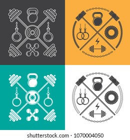 Workout and Fitness emblem with weights, bars, gymnastics rings, sledge hammers and dumbbells. Vector monochrome illustration.