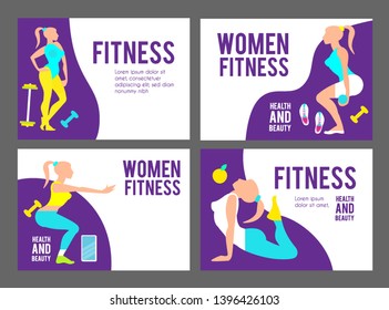 Workout Fitness Girl Design Template Set. Heathy Lifestyle. Care of Beauty. Woman Exersises.