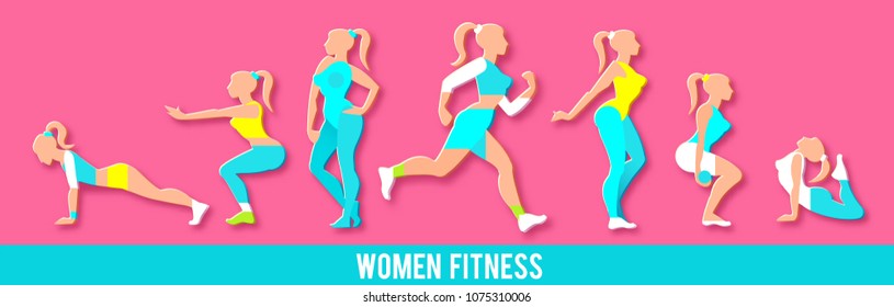 Workout Fitness Girl Set. 3D Paper Art. Heathy Lifestyle. Woman Exersises. Vector illustration