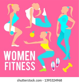 Workout Fitness Girl Set. Heathy Lifestyle. Care of Beauty. Woman Exersises.