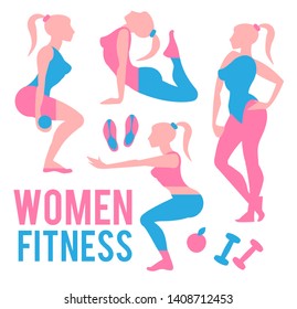 Workout Fitness Girl Set. Heathy Lifestyle. Care of Beauty. Woman Exersises.