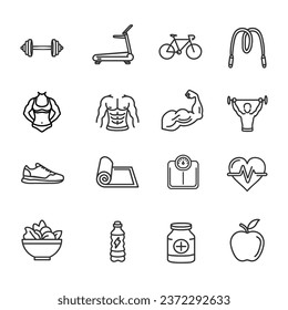 Workout fitness icon set. Sports healthy symbol line style.