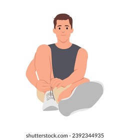 Workout or fitness man tying shoelaces jogging running activities. Flat vector illustration isolated on white background