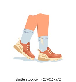 Workout footwear, running shoes on human legs in socks. Vector fashion sneakers on woman or man foots, cartoon style illustration. Sport training footwear, running sneakers on male or female