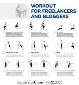 Workout for freelancers and bloggers. Fitness, Aerobic and workout exercise in gym. Vector set of gym icons in flat style isolated on white background. People in gym. Gym equipment.