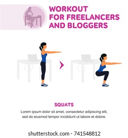 Workout for freelancers and bloggers. Fitness, Aerobic and workout exercise in gym. Vector set of gym icons in flat style isolated on white background. People in gym. Gym equipment.