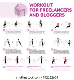 Workout for freelancers and bloggers. Fitness, Aerobic and workout exercise in gym. Vector set of gym icons in flat style isolated on white background. People in gym. Gym equipment.