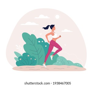 Workout at the fresh air. Vector illustration of young cartoon brunette woman jogging in the spring park. Isolated on white