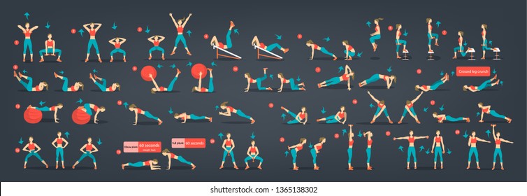 Workout girl set. Woman doing fitness and yoga exercises. Lunges and squats, plank and abc. Full body workout. - Shutterstock ID 1365138302